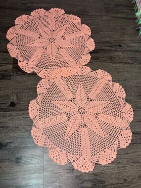 Vintage Handmade Crochet Doilies - Peach Coral Pair Great Summer Spring Decor